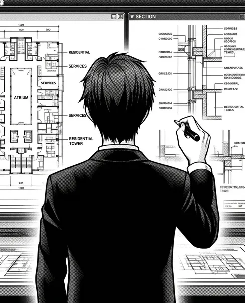A figure surveying a wall of schematics